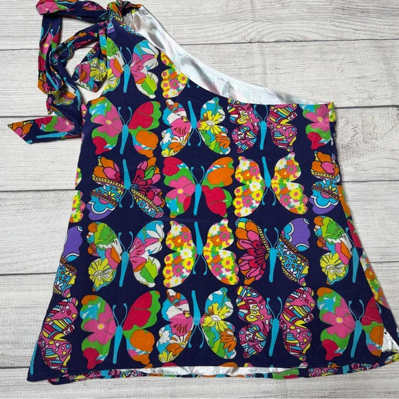 Lilly‎ Pulitzer Roe One Shoulder Bow Blouse Silk Navy Out There Butterfly Size 0 - Picture 4 of 8